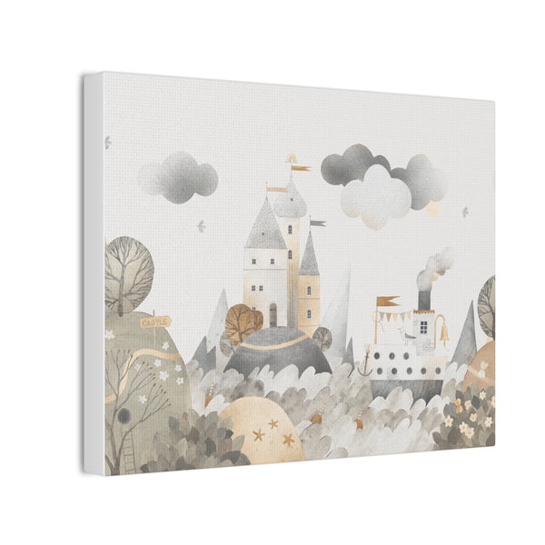 Whimsical Landscape Canvas Art - Playful Castle & Boat Design