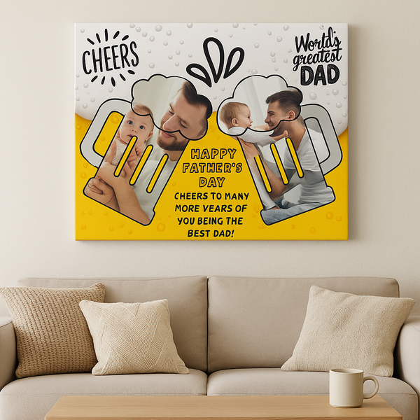 Fathers Day Canvas Gift – Cheers to the Best Dad – Custom Beer Mug Photo Print – Unique Gift from Baby – Personalized Wall Art