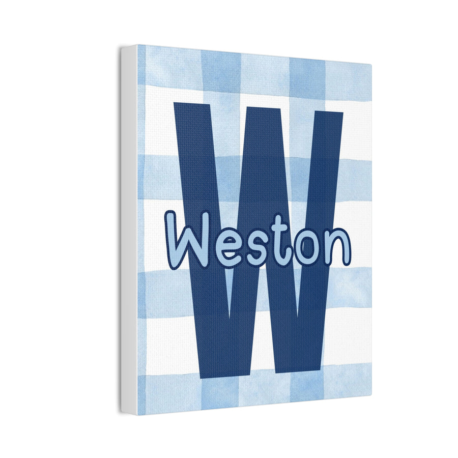 Personalized Canvas Wall Art - Custom Name 'Weston' Design in Blue Checkered Pattern