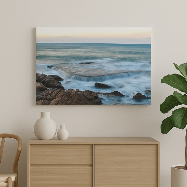 Ocean Cliff Waterfall Canvas Wall Art – Coastal Seascape Photography Print, Dramatic Wave Art for Living Room or Bedroom Decor