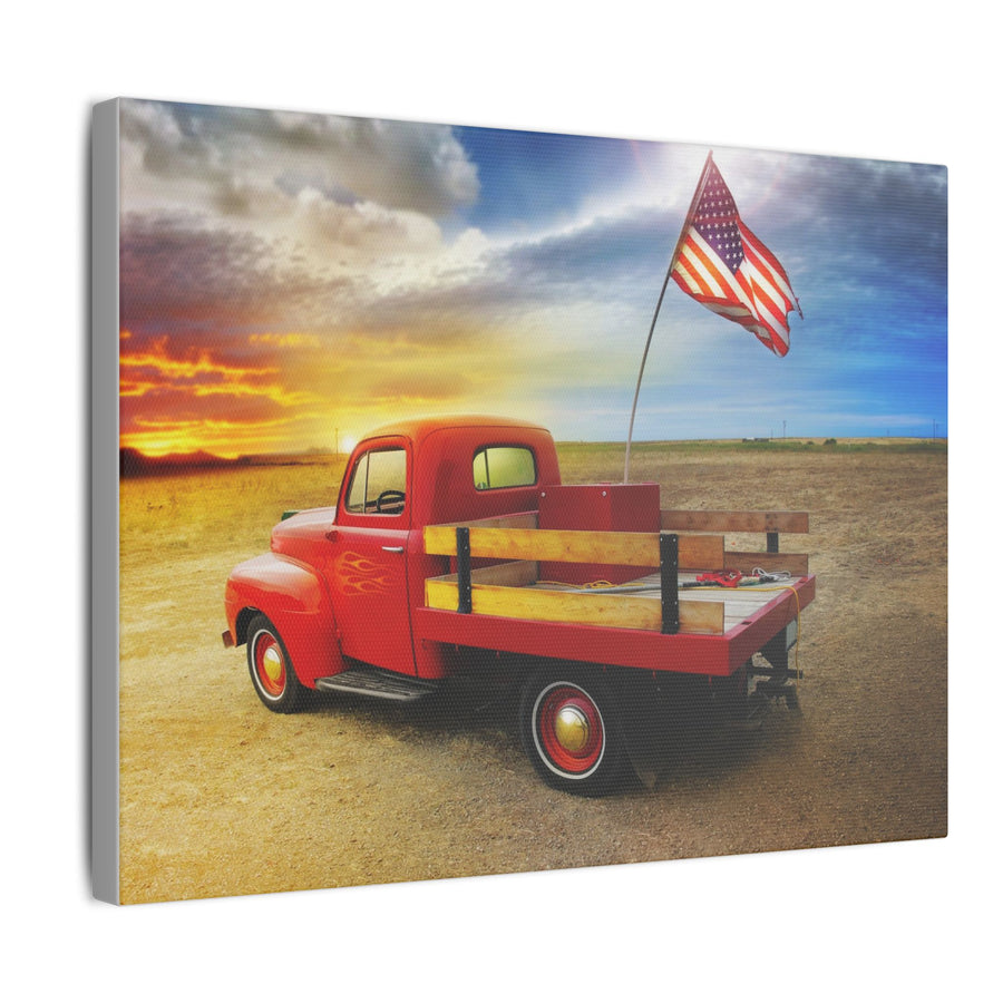 Vintage Americana Canvas Print - Red Truck with Flag