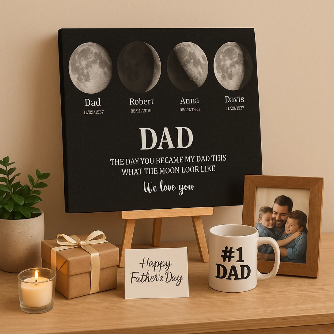 Custom Moon Phase Father’s Day Canvas – Personalized “The Day You Became My Dad” Wall Art – Unique Gift for Dad from Kids