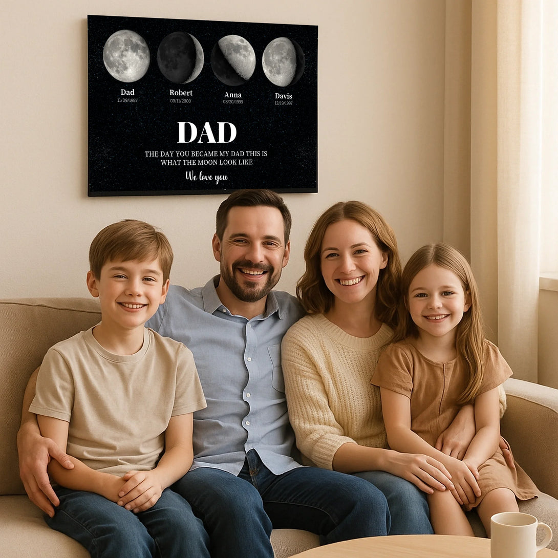 Custom Moon Phase Father’s Day Canvas – Personalized “The Day You Became My Dad” Wall Art – Unique Gift for Dad from Kids