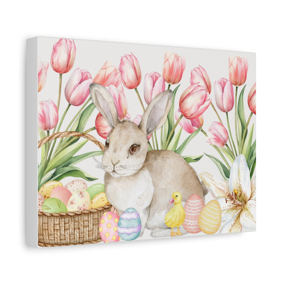 Spring Bunny Canvas Art | Easter Decor with Flowers and Eggs