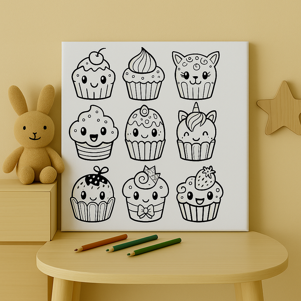 Kawaii Cupcake Coloring Canvas for Kids – DIY Dessert Art – Cute Kitchen or Playroom Wall Decor