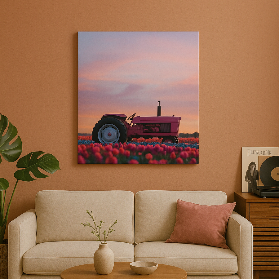 Pink Tractor at Sunset – Canvas Wall Art for Rustic & Floral Decor