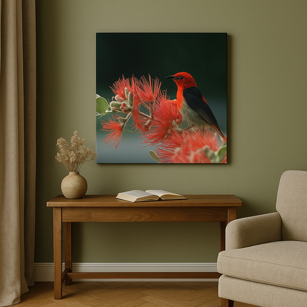 Scarlet Honeyeater Canvas Wall Art – Vibrant Bird & Flower Nature Print for Home Decor