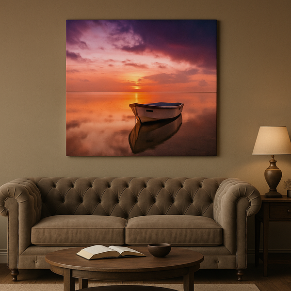 Sunset Boat Canvas Wall Art – Tranquil Ocean Reflection Print for Serene Home Decor