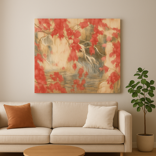 Red Maple Abstract Canvas Wall Art – Japanese-Inspired Nature Painting for Modern Living Rooms
