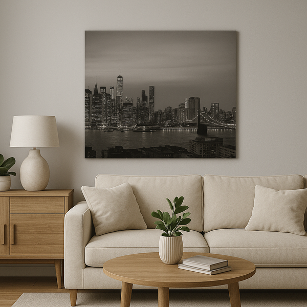 New York City Skyline Canvas Wall Art – Black and White Brooklyn Bridge Print