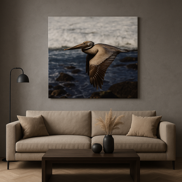 Flying Pelican Canvas Wall Art – Coastal Wildlife Print, Brown Pelican in Flight Over Ocean for Modern Living Room or Beach House Decor