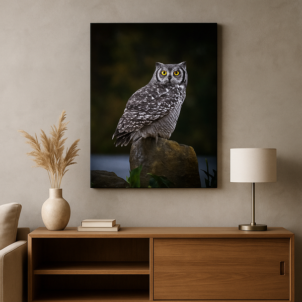 Great Horned Owl Canvas Wall Art – Wildlife Nature Print, Nocturnal Bird Photography for Rustic or Modern Home Decor
