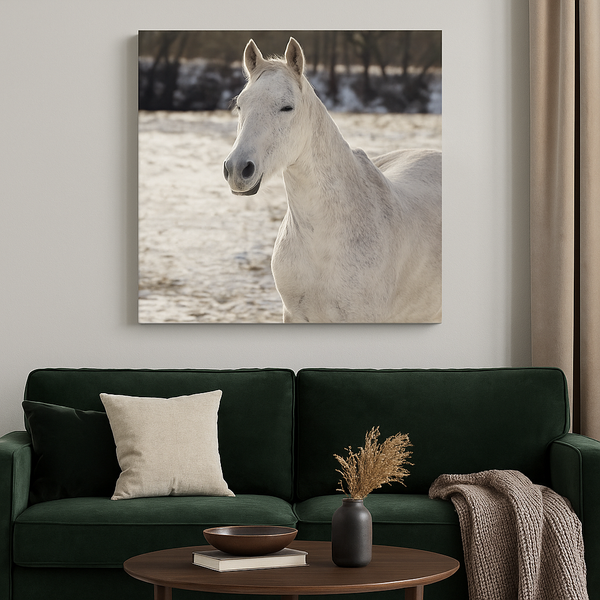 White Horse Canvas Wall Art – Tranquil Winter Scene Print, Serene Animal Photography for Modern Living Room or Rustic Farmhouse Decor