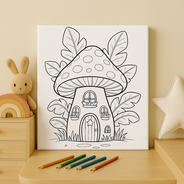 Half-Colored Mushroom House Canvas – DIY Wall Art for Kids