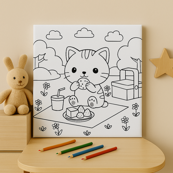 Colorful Picnic Cat Canvas – Cute Wall Art for Kids' Room