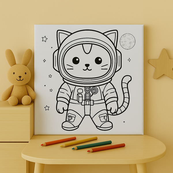 Space Cat Coloring Canvas for Kids – DIY Astronaut Wall Art – Cosmic Nursery Decor