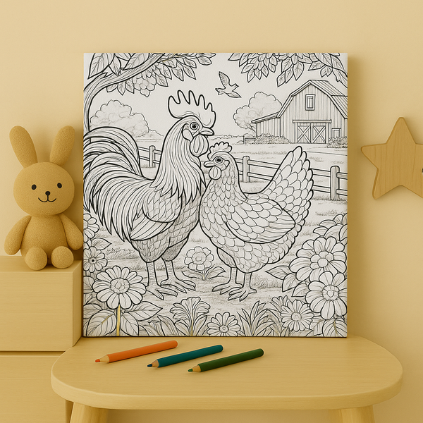 Rooster & Hen Farm Canvas Art for Kids – DIY Coloring Wall Decor – Country Animal Nursery Print