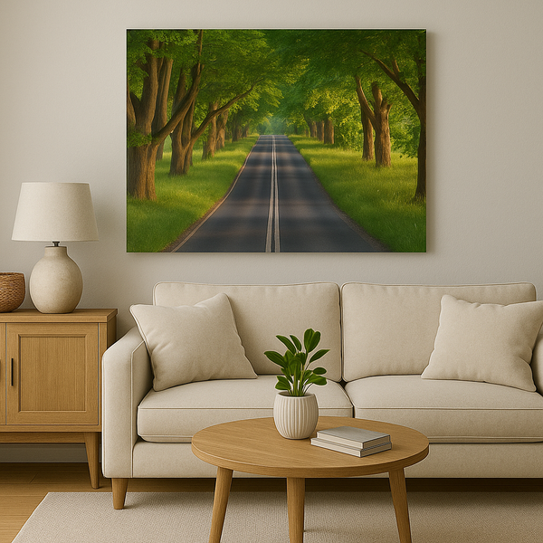 Tree-Lined Road Canvas Wall Art – Serene Forest Path Print – Nature Photography Canvas for Living Room or Entryway