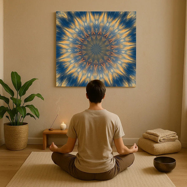 Mandala Kaleidoscope Canvas Wall Art – Blue and Gold Abstract Print
