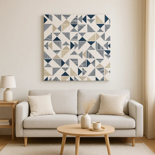 Modern Geometric Triangle Canvas Wall Art – Navy and Beige Pattern