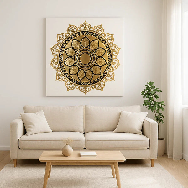 Elegant Gold Mandala Canvas Wall Art – Luxury Bohemian Decor for Living Room or Yoga Space