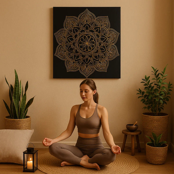 Gold Mandala Canvas Art – Elegant Frameless Wall Decor on Black