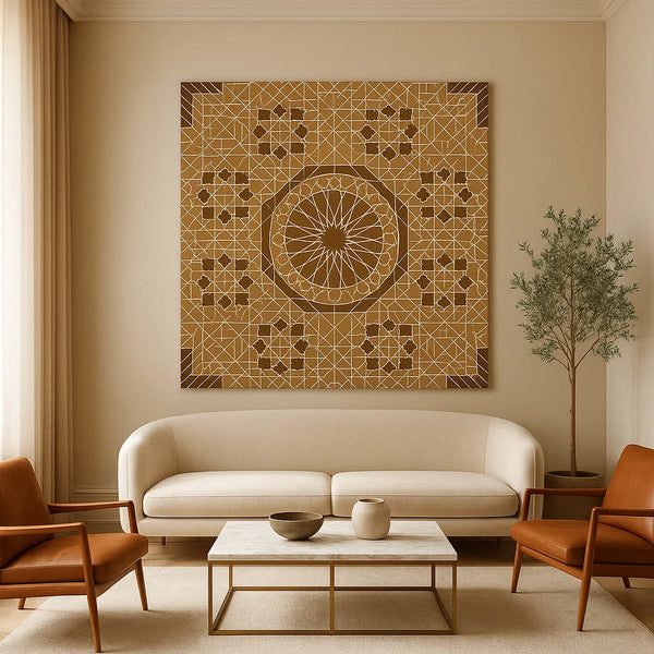 Geometric Mosaic Canvas Wall Art – Gold and Brown Pattern on Dark Background