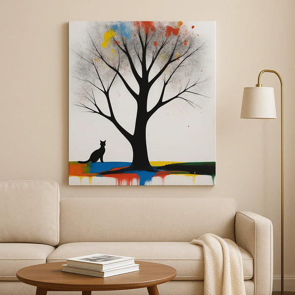 Small Cat and Tree Silhouette Canvas – Minimal Art with Color Splash