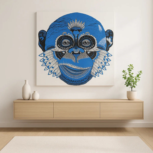Blue Tribal Monkey Face Canvas Art – Frameless Design