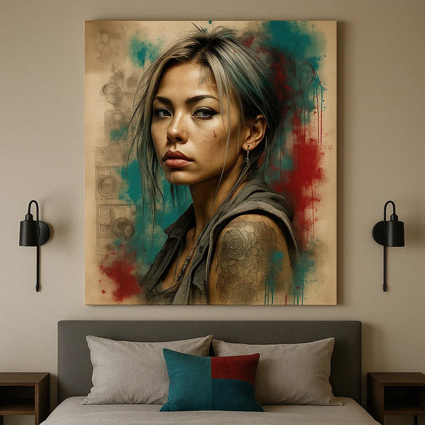 Tattooed Woman Canvas – Modern Ink Portrait Art