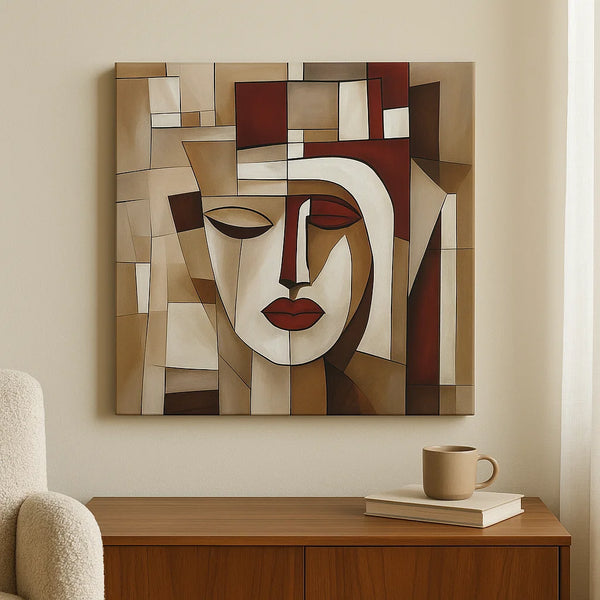 Earth-Tone Cubist Portrait – Minimal Modern Canvas