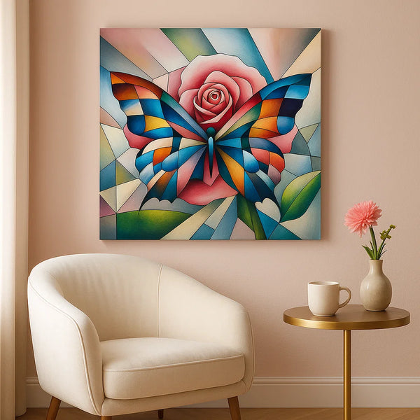Butterfly and Rose Mosaic Canvas – Frameless Stained Glass Wall Art