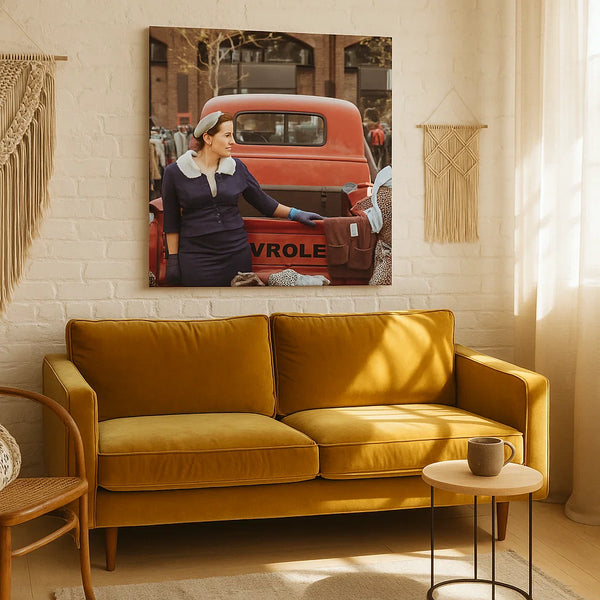 Retro Woman & Classic Chevy Canvas – Frameless Vintage Americana Wall Art