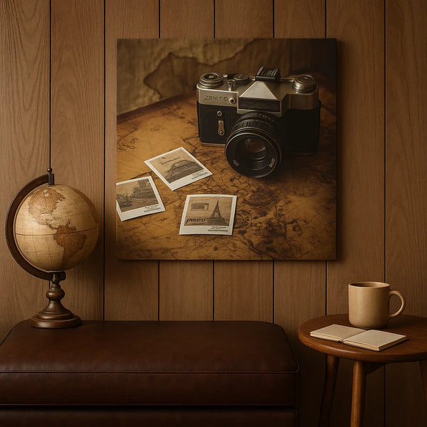 Frameless Travel Photography Canvas – Retro Camera & Vintage Map Wall Art
