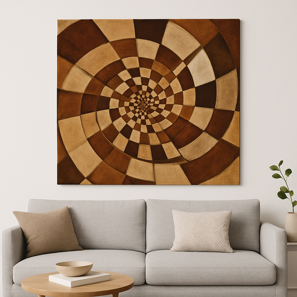 Spiral Optical Illusion Canvas Wall Art – Brown Checkerboard Pattern for Modern Home Decor